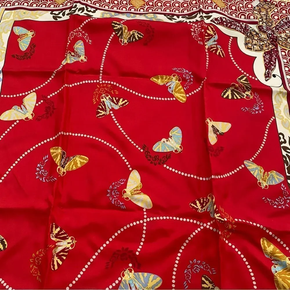 NEW Cartier Paris Red White Silk Crepe Butterflies Moth Square Scarf Shawl - Picture 5 of 12